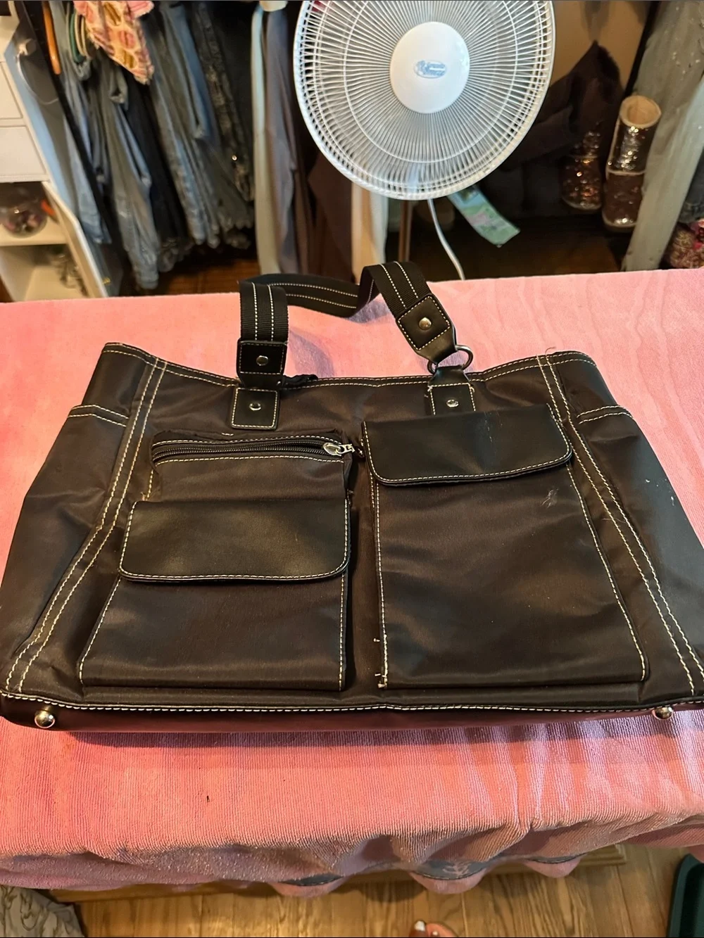 Men's Black Multi-Pocket Briefcase Tote with Contrast Stitching